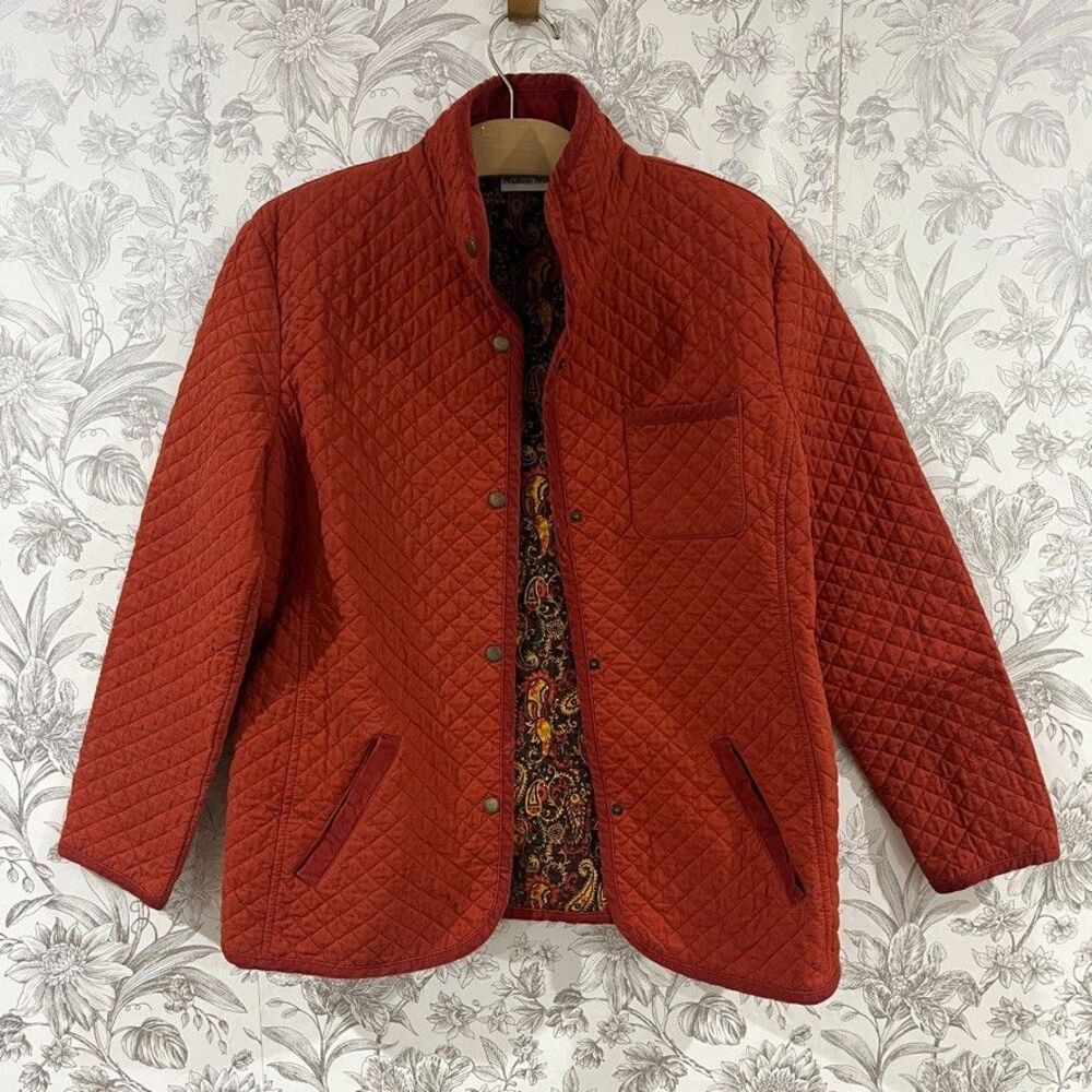 VTG Madison Studio Quilt Rust Orange Paisley Jacket Sz M Snap Corduroy Collar